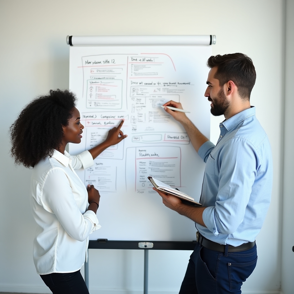 Professionisti che lavorano insieme su una lavagna bianca con schemi e note