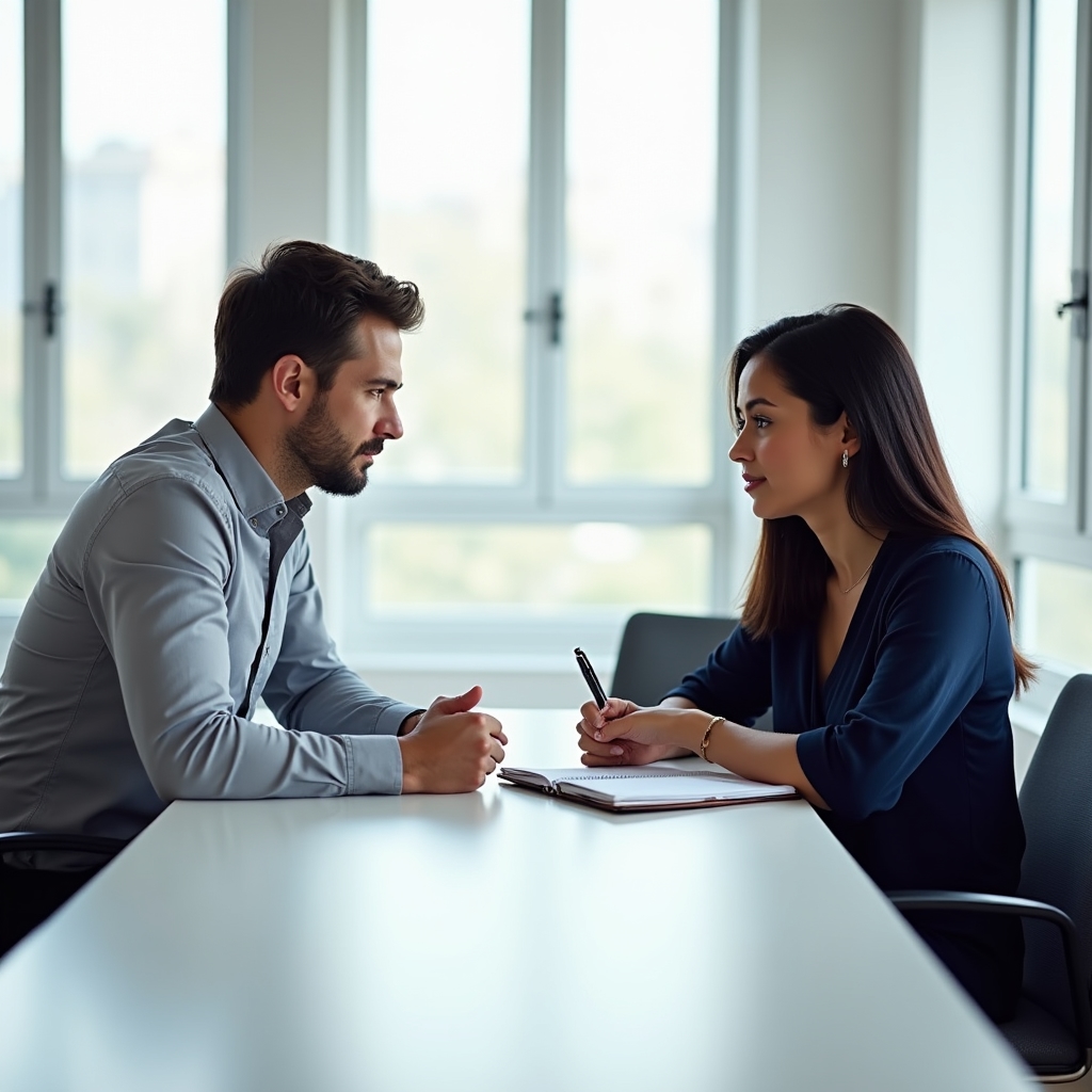 Sessione di coaching one-to-one con professionista e coach attorno a un tavolo moderno